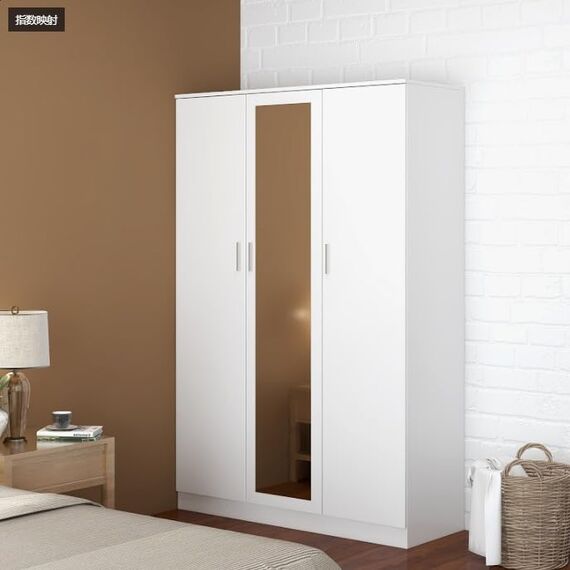 3 Türen Spiegelschrank für Schlafzimmer Schlafzimmer Möbel Robe mit 6 Staufächern, Kleiderstange, 115,4 x 50 x 180 cm (Weiß)