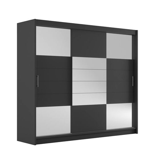 Furniture24 Kleiderschrank Aruba II 250 Schlafzimmer 3 Türiger Schwebetürenschrank Schrank mit Kleiderstange 2 Schubkästen Graphite/Graphite Glas