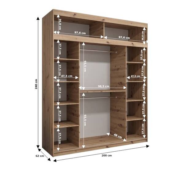 KRYSPOL Schwebetürenschrank Madryt 200 cm mit Spiegel Kleiderschrank mit Kleiderstange und Einlegeboden Schlafzimmer- Wohnzimmerschrank Schiebetüren (Artisan Eiche + Weiß mit Erweiterung)