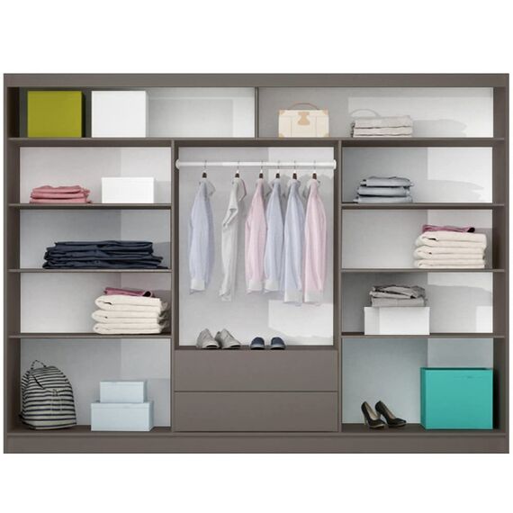 Furniture24 Kleiderschrank Aruba II 250 Schlafzimmer 3 Türiger Schwebetürenschrank Schrank mit Kleiderstange 2 Schubkästen Graphite/Graphite Glas