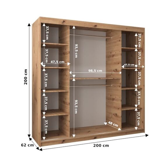 KRYSPOL Schwebetürenschrank Madryt 200 cm mit Spiegel Kleiderschrank mit Kleiderstange und Einlegeboden Schlafzimmer- Wohnzimmerschrank Schiebetüren Modern Design (Artisan Eiche)