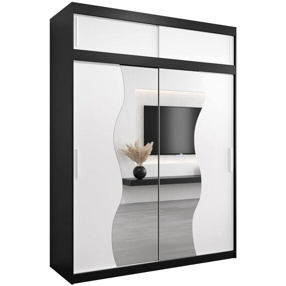 KRYSPOL Schwebetürenschrank Madryt 180 cm mit Spiegel Kleiderschrank mit Kleiderstange und Einlegeboden Schlafzimmer- Wohnzimmerschrank Schiebetüren Modern Design (Schwarz + Weiß mit Erweiterung)