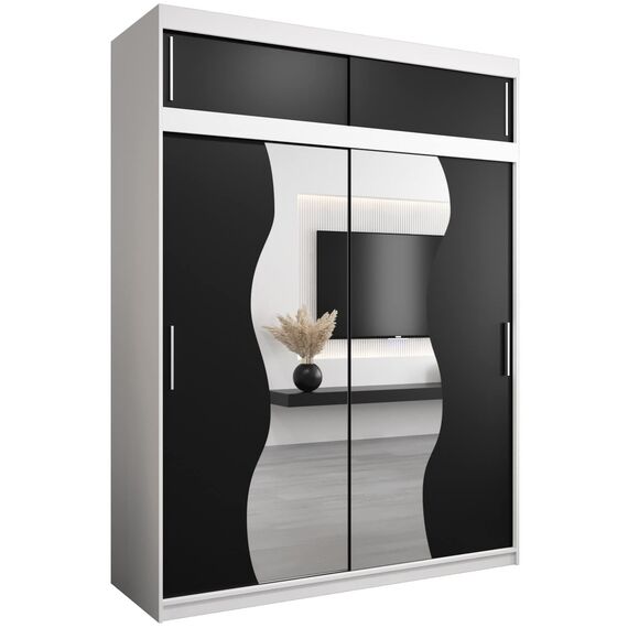KRYSPOL Schwebetürenschrank Madryt 180 cm mit Spiegel Kleiderschrank mit Kleiderstange und Einlegeboden Schlafzimmer- Wohnzimmerschrank Schiebetüren Modern Design (Weiß + Schwarz mit Erweiterung)