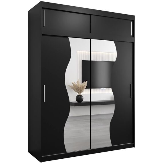 KRYSPOL Schwebetürenschrank Madryt 180 cm mit Spiegel Kleiderschrank mit Kleiderstange und Einlegeboden Schlafzimmer- Wohnzimmerschrank Schiebetüren Modern Design (Schwarz mit Erweiterung)