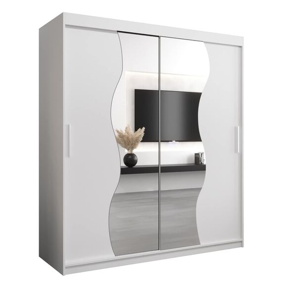 KRYSPOL Schwebetürenschrank Madryt 180 cm mit Spiegel Kleiderschrank mit Kleiderstange und Einlegeboden Schlafzimmer- Wohnzimmerschrank Schiebetüren Modern Design (Weiß)