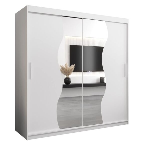 KRYSPOL Schwebetürenschrank Madryt 200 cm mit Spiegel Kleiderschrank mit Kleiderstange und Einlegeboden Schlafzimmer- Wohnzimmerschrank Schiebetüren Modern Design (Weiß)