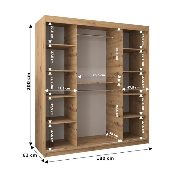 KRYSPOL Schwebetürenschrank Madryt 180 cm mit Spiegel Kleiderschrank Kleiderstange und Einlegeboden Schlafzimmer- Wohnzimmerschrank Schiebetüren Modern Design (Schwarz + Artisan Eiche)