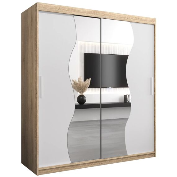 KRYSPOL Schwebetürenschrank Madryt 180 cm mit Spiegel Kleiderschrank mit Kleiderstange und Einlegeboden Schlafzimmer- Wohnzimmerschrank Schiebetüren Modern Design (Sonoma + Weiß)