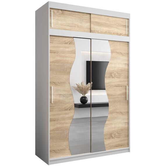 KRYSPOL Schwebetürenschrank Madryt 150 cm mit Spiegel Kleiderschrank mit Kleiderstange und Einlegeboden Schlafzimmer- Wohnzimmerschrank Schiebetüren Modern Design (Weiß + Sonoma mit Erweiterung)