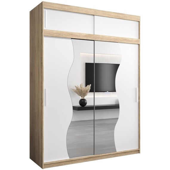 KRYSPOL Schwebetürenschrank Madryt 180 cm mit Spiegel Kleiderschrank mit Kleiderstange und Einlegeboden Schlafzimmer- Wohnzimmerschrank Schiebetüren Modern Design (Sonoma + Weiß mit Erweiterung)
