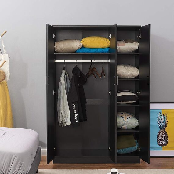 Panana Kleiderschrank mit 3 Türen und Kleiderstange, 6 Ablagen, Aufbewahrungsschrank, Dreifach-Kleiderschrank für Schlafzimmermöbel (Schwarz)