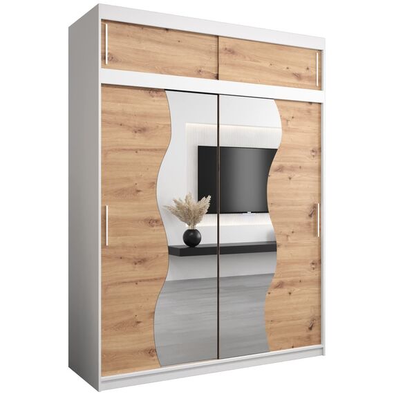 KRYSPOL Schwebetürenschrank Madryt 180 cm mit Spiegel Kleiderschrank mit Kleiderstange und Einlegeboden Schlafzimmer- Wohnzimmerschrank Schiebetüren (Weiß + Artisan Eiche mit Erweiterung)