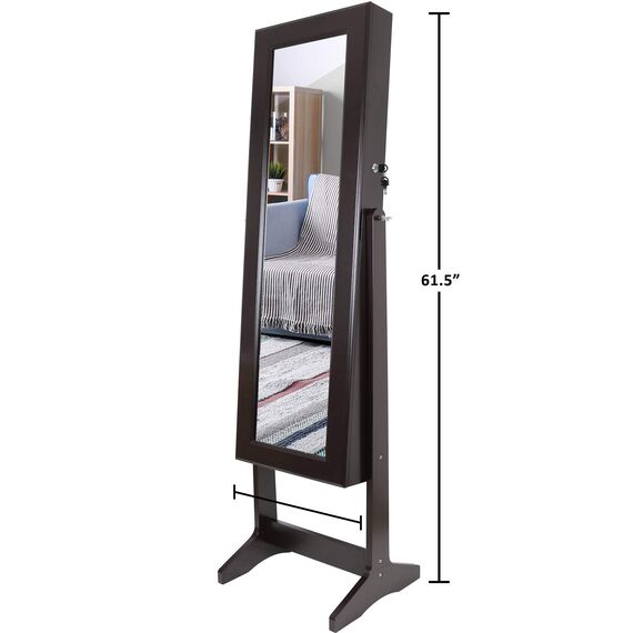 Greenco Free Standing Jewelry Organizer Armoire with Large Mirror and Led Lights, Lockable, Espresso