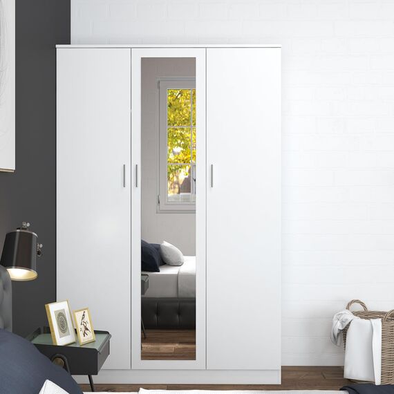 3 Türen Spiegelschrank für Schlafzimmer Schlafzimmer Möbel Robe mit 6 Staufächern, Kleiderstange, 115,4 x 50 x 180 cm (Weiß)