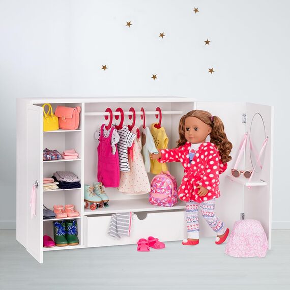 Our Generation - Holz-Garderobe - 46 cm Puppe Zubehör - Schlafzimmer-Schrank-Set - Puppenhausmöbel - Vorgetäuschtes Spiel - Spielzeug für Kinder ab 3 Jahren