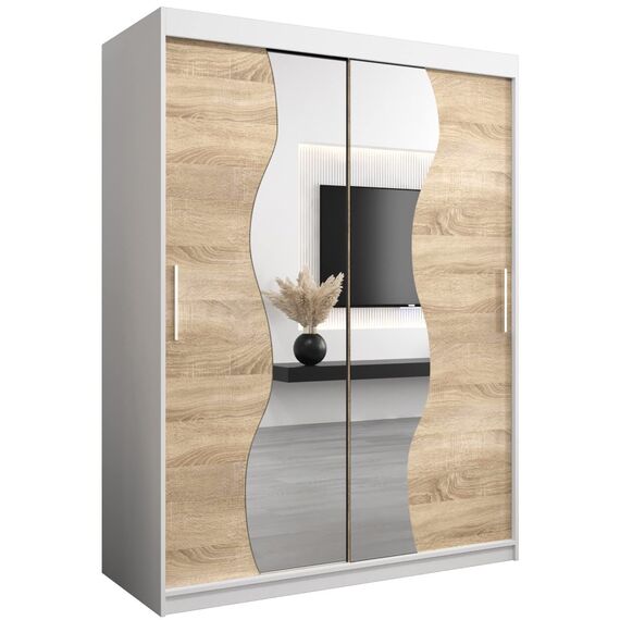 KRYSPOL Schwebetürenschrank Madryt 150 cm mit Spiegel Kleiderschrank mit Kleiderstange und Einlegeboden Schlafzimmer- Wohnzimmerschrank Schiebetüren Modern Design (Weiß + Sonoma)