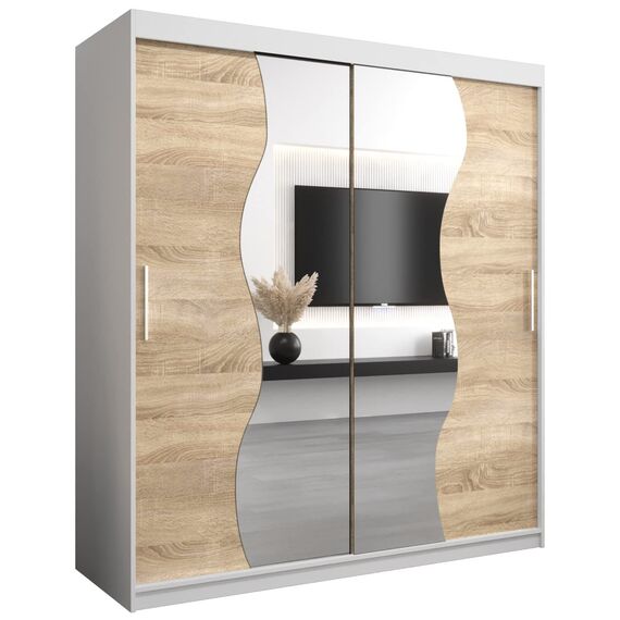 KRYSPOL Schwebetürenschrank Madryt 180 cm mit Spiegel Kleiderschrank mit Kleiderstange und Einlegeboden Schlafzimmer- Wohnzimmerschrank Schiebetüren Modern Design (Weiß + Sonoma)