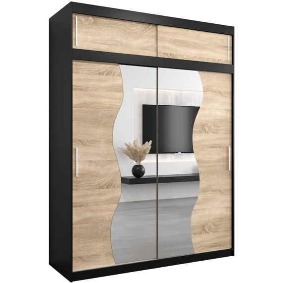 KRYSPOL Schwebetürenschrank Madryt 180 cm mit Spiegel Kleiderschrank mit Kleiderstange und Einlegeboden Schlafzimmer- Wohnzimmerschrank Schiebetüren Modern Design (Schwarz + Sonoma mit Erweiterung)