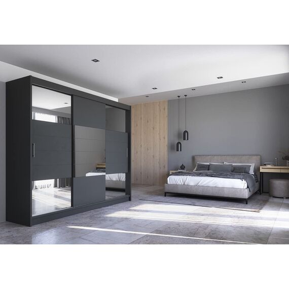 Furniture24 Kleiderschrank Aruba II 250 Schlafzimmer 3 Türiger Schwebetürenschrank Schrank mit Kleiderstange 2 Schubkästen Graphite/Graphite Glas