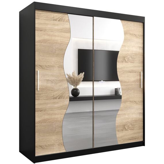 KRYSPOL Schwebetürenschrank Madryt 180 cm mit Spiegel Kleiderschrank mit Kleiderstange und Einlegeboden Schlafzimmer- Wohnzimmerschrank Schiebetüren Modern Design (Schwarz + Sonoma)