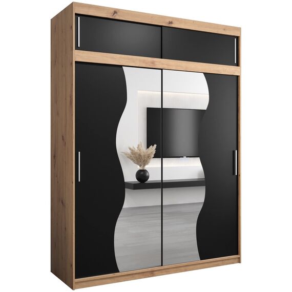 KRYSPOL Schwebetürenschrank Madryt 180 cm mit Spiegel Kleiderschrank mit Kleiderstange und Einlegeboden Schlafzimmer- Wohnzimmerschrank Schiebetüren (Artisan Eiche + Schwarz mit Erweiterung)