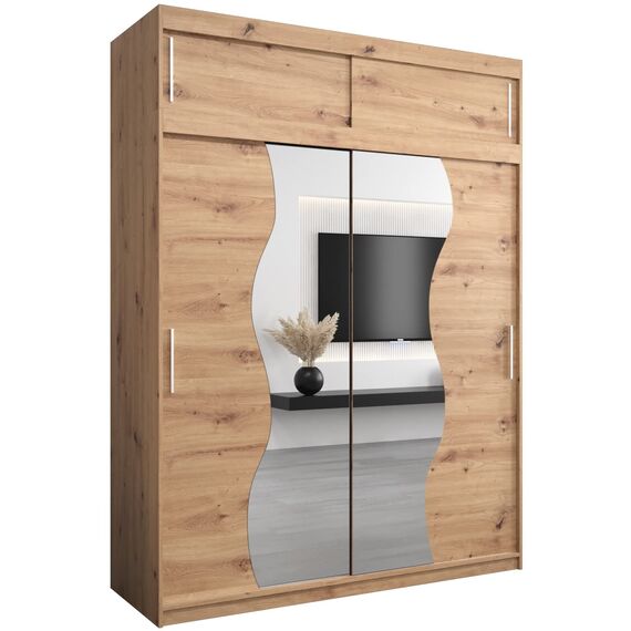 KRYSPOL Schwebetürenschrank Madryt 180 cm mit Spiegel Kleiderschrank mit Kleiderstange und Einlegeboden Schlafzimmer- Wohnzimmerschrank Schiebetüren Modern Design (Artisan Eiche mit Erweiterung)