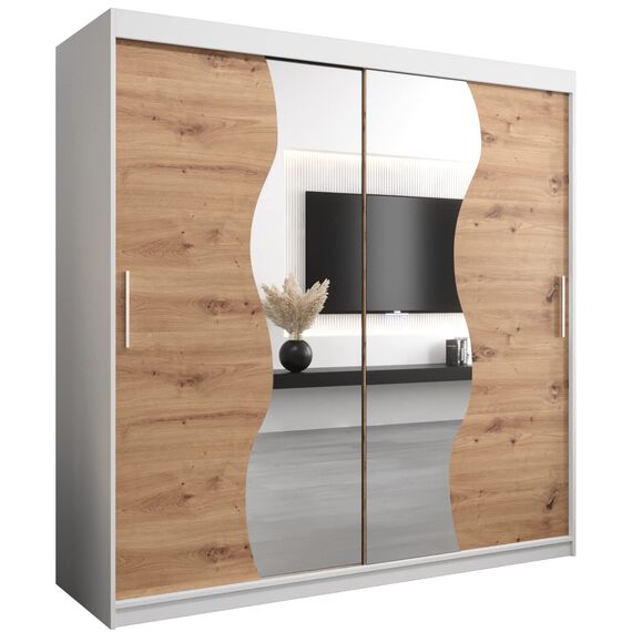 KRYSPOL Schwebetürenschrank Madryt 200 cm mit Spiegel Kleiderschrank mit Kleiderstange und Einlegeboden Schlafzimmer- Wohnzimmerschrank Schiebetüren Modern Design (Weiß + Artisan Eiche)