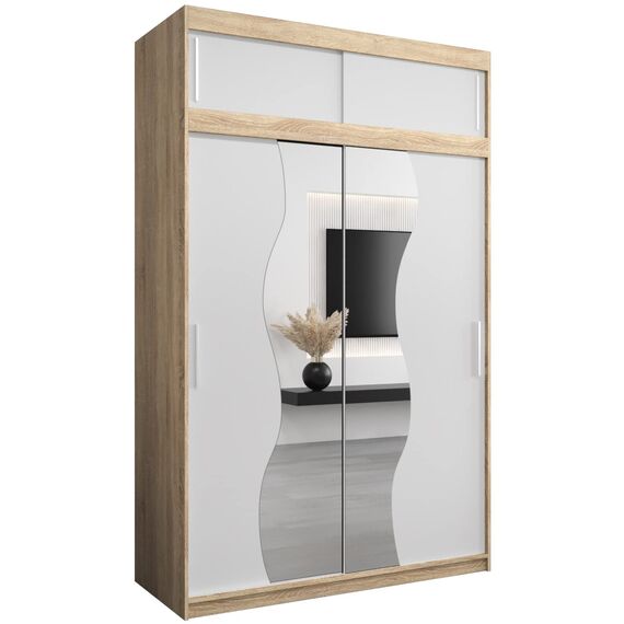 KRYSPOL Schwebetürenschrank Madryt 150 cm mit Spiegel Kleiderschrank mit Kleiderstange und Einlegeboden Schlafzimmer- Wohnzimmerschrank Schiebetüren Modern Design (Sonoma + Weiß mit Erweiterung)