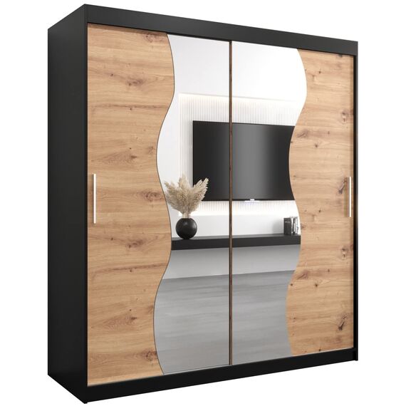 KRYSPOL Schwebetürenschrank Madryt 180 cm mit Spiegel Kleiderschrank Kleiderstange und Einlegeboden Schlafzimmer- Wohnzimmerschrank Schiebetüren Modern Design (Schwarz + Artisan Eiche)