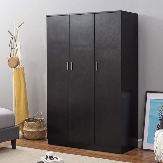 Panana Kleiderschrank mit 3 Türen und Kleiderstange, 6 Ablagen, Aufbewahrungsschrank, Dreifach-Kleiderschrank für Schlafzimmermöbel (Schwarz)