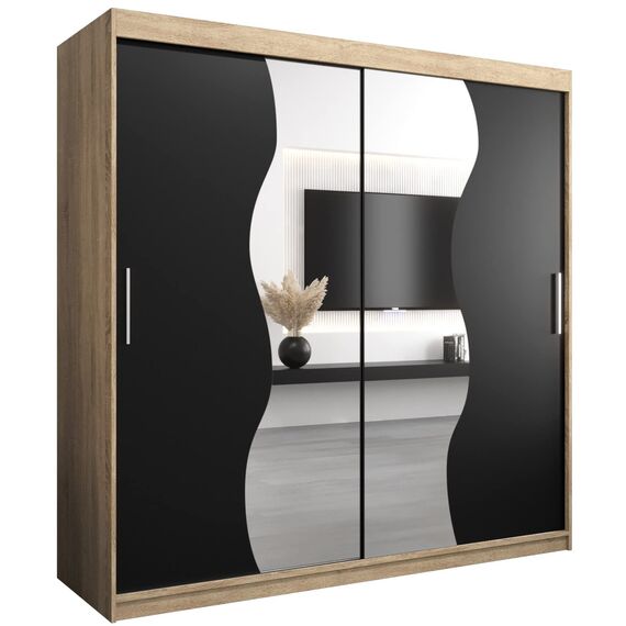 KRYSPOL Schwebetürenschrank Madryt 200 cm mit Spiegel Kleiderschrank mit Kleiderstange und Einlegeboden Schlafzimmer- Wohnzimmerschrank Schiebetüren Modern Design (Sonoma + Schwarz)