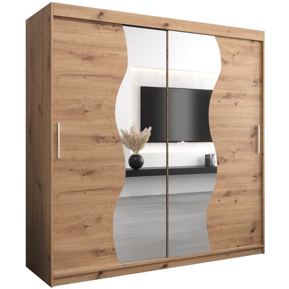 KRYSPOL Schwebetürenschrank Madryt 200 cm mit Spiegel Kleiderschrank mit Kleiderstange und Einlegeboden Schlafzimmer- Wohnzimmerschrank Schiebetüren Modern Design (Artisan Eiche)