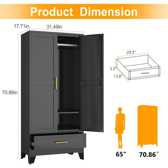 180.3 cm H Metal Armoire Wardrobe Closet, Adjustable Shelve, Clothes Metal Wardrobe Cabinet for Bedroom (1 Drawer, Black)