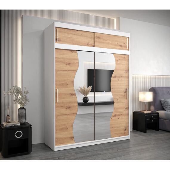 KRYSPOL Schwebetürenschrank Madryt 180 cm mit Spiegel Kleiderschrank mit Kleiderstange und Einlegeboden Schlafzimmer- Wohnzimmerschrank Schiebetüren (Weiß + Artisan Eiche mit Erweiterung)