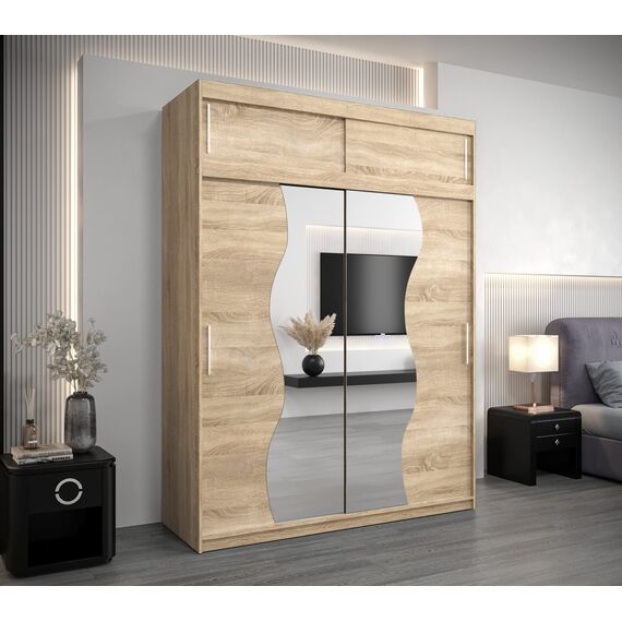 KRYSPOL Schwebetürenschrank Madryt 180 cm mit Spiegel Kleiderschrank mit Kleiderstange und Einlegeboden Schlafzimmer- Wohnzimmerschrank Schiebetüren Modern Design (Sonoma mit Erweiterung)