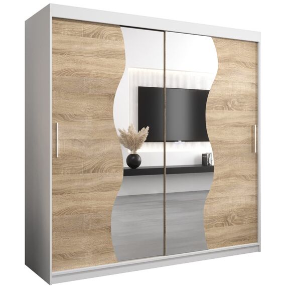 KRYSPOL Schwebetürenschrank Madryt 200 cm mit Spiegel Kleiderschrank mit Kleiderstange und Einlegeboden Schlafzimmer- Wohnzimmerschrank Schiebetüren Modern Design (Weiß + Sonoma)