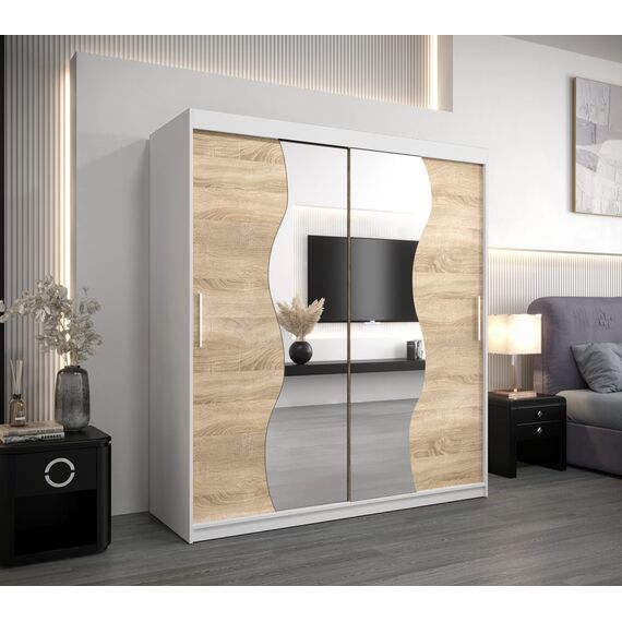 KRYSPOL Schwebetürenschrank Madryt 180 cm mit Spiegel Kleiderschrank mit Kleiderstange und Einlegeboden Schlafzimmer- Wohnzimmerschrank Schiebetüren Modern Design (Weiß + Sonoma)
