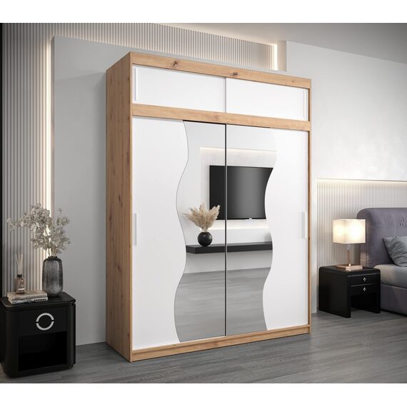 KRYSPOL Schwebetürenschrank Madryt 180 cm mit Spiegel Kleiderschrank mit Kleiderstange und Einlegeboden Schlafzimmer- Wohnzimmerschrank Schiebetüren (Artisan Eiche + Weiß mit Erweiterung)