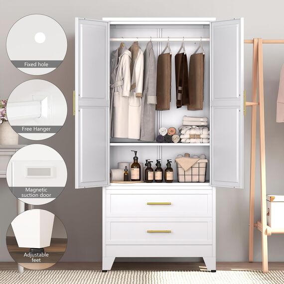 Anewome 180,3 cm Metallschrank Kleiderschrank mit 2 Schubladen, freistehend, 2-türig, hohe Kleideraufbewahrung mit verstellbaren Regalen und Kleiderstange, für Schlafzimmer, Wohnheim, Weiß
