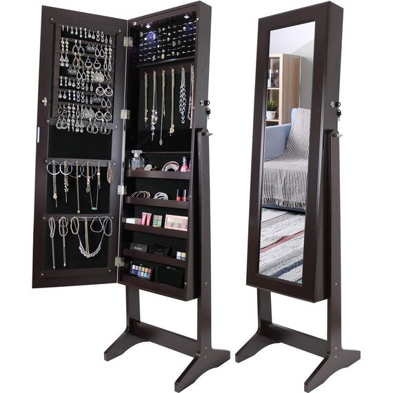Greenco Free Standing Jewelry Organizer Armoire with Large Mirror and Led Lights, Lockable, Espresso