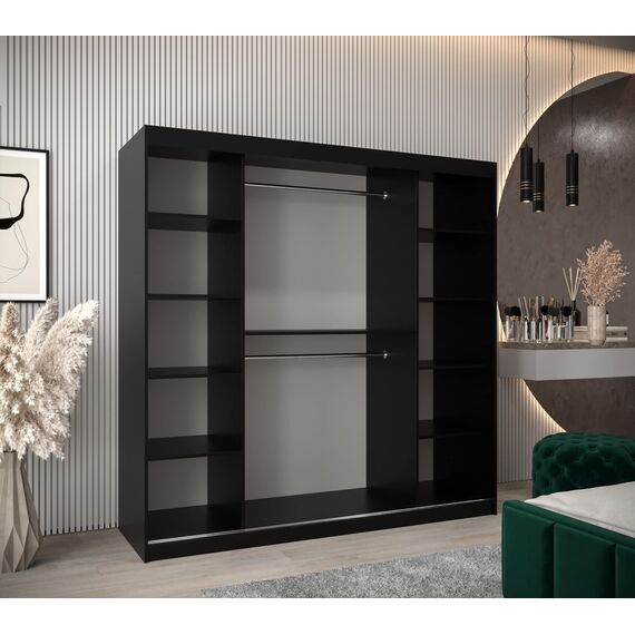KRYSPOL Schwebetürenschrank Madryt 200 cm mit Spiegel Kleiderschrank mit Kleiderstange und Einlegeboden Schlafzimmer- Wohnzimmerschrank Schiebetüren Modern Design (Schwarz + Artisan Eiche)