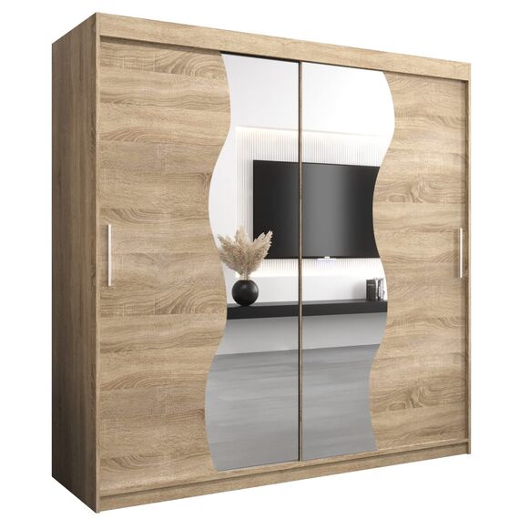 KRYSPOL Schwebetürenschrank Madryt 200 cm mit Spiegel Kleiderschrank mit Kleiderstange und Einlegeboden Schlafzimmer- Wohnzimmerschrank Schiebetüren Modern Design (Sonoma)