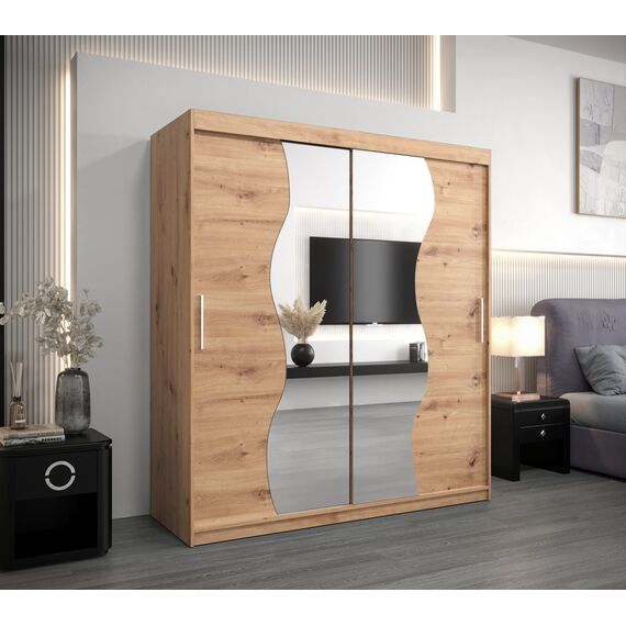 KRYSPOL Schwebetürenschrank Madryt 180 cm mit Spiegel Kleiderschrank mit Kleiderstange und Einlegeboden Schlafzimmer- Wohnzimmerschrank Schiebetüren Modern Design (Artisan Eiche)