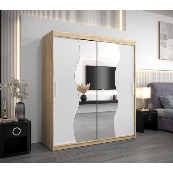 KRYSPOL Schwebetürenschrank Madryt 180 cm mit Spiegel Kleiderschrank mit Kleiderstange und Einlegeboden Schlafzimmer- Wohnzimmerschrank Schiebetüren Modern Design (Sonoma + Weiß)