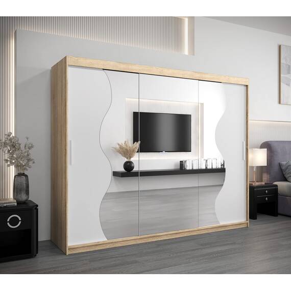 KRYSPOL Schwebetürenschrank Madryt 250 cm mit Spiegel Kleiderschrank mit Kleiderstange und Einlegeboden Schlafzimmer- Wohnzimmerschrank Schiebetüren Modern Design (Sonoma + Weiß)