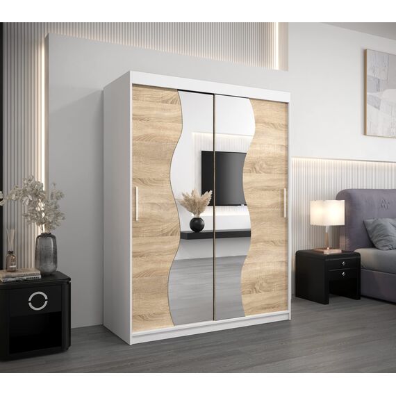 KRYSPOL Schwebetürenschrank Madryt 150 cm mit Spiegel Kleiderschrank mit Kleiderstange und Einlegeboden Schlafzimmer- Wohnzimmerschrank Schiebetüren Modern Design (Weiß + Sonoma)