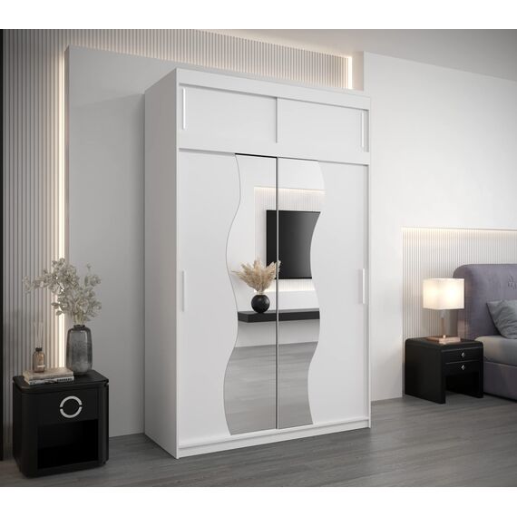 KRYSPOL Schwebetürenschrank Madryt 150 cm mit Spiegel Kleiderschrank mit Kleiderstange und Einlegeboden Schlafzimmer- Wohnzimmerschrank Schiebetüren Modern Design (Weiß mit Erweiterung)