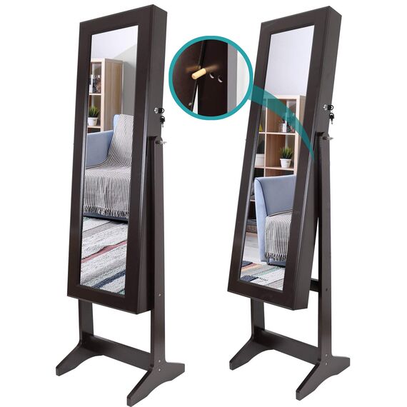 Greenco Free Standing Jewelry Organizer Armoire with Large Mirror and Led Lights, Lockable, Espresso