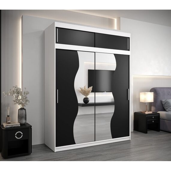 KRYSPOL Schwebetürenschrank Madryt 180 cm mit Spiegel Kleiderschrank mit Kleiderstange und Einlegeboden Schlafzimmer- Wohnzimmerschrank Schiebetüren Modern Design (Weiß + Schwarz mit Erweiterung)