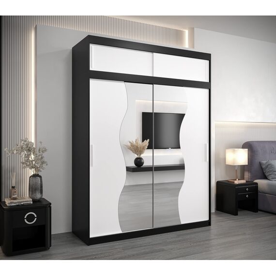 KRYSPOL Schwebetürenschrank Madryt 180 cm mit Spiegel Kleiderschrank mit Kleiderstange und Einlegeboden Schlafzimmer- Wohnzimmerschrank Schiebetüren Modern Design (Schwarz + Weiß mit Erweiterung)